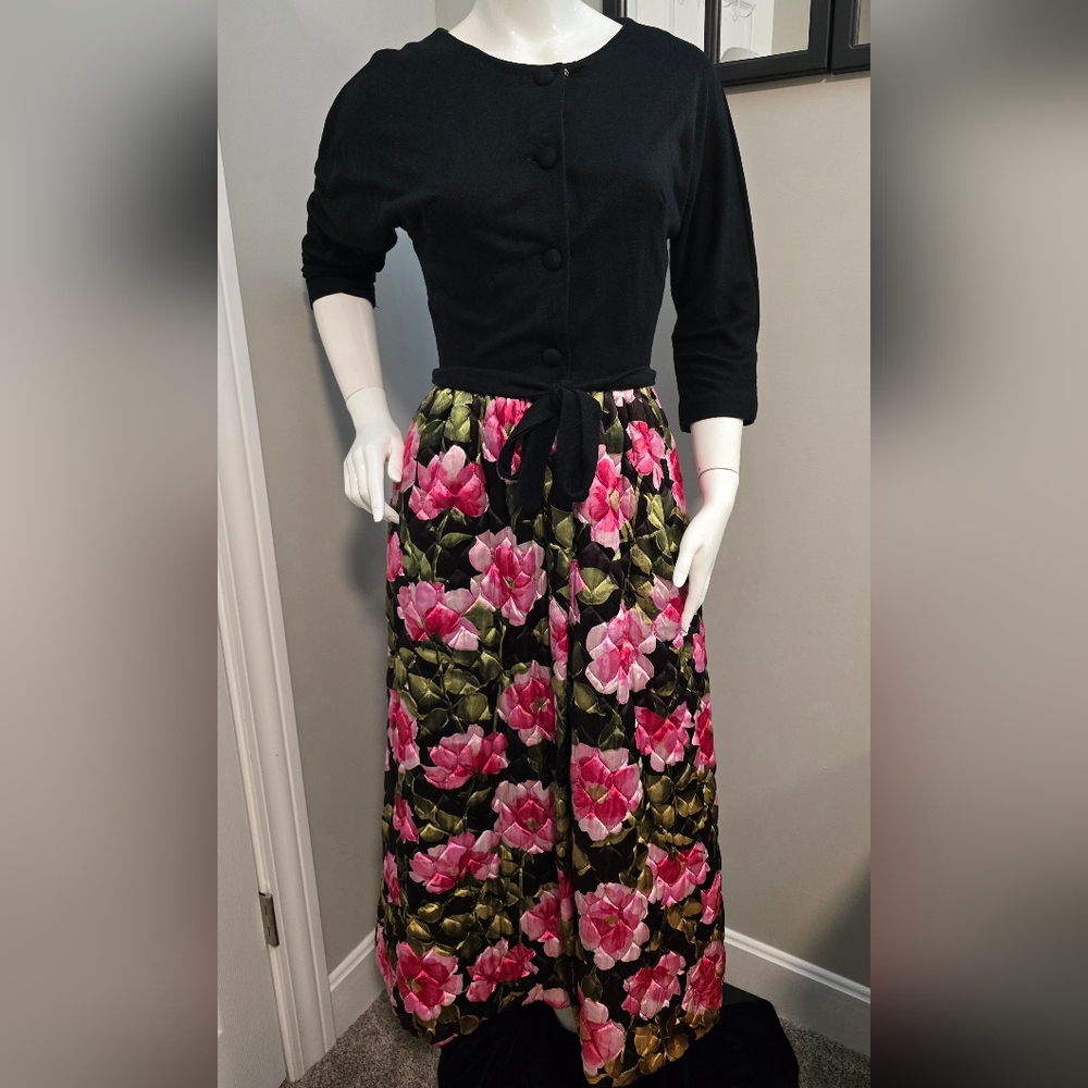 Vtg Sears Quilted XS Mod Maxi Floral Hostess Dress Housecoat Gown 1960s Lined